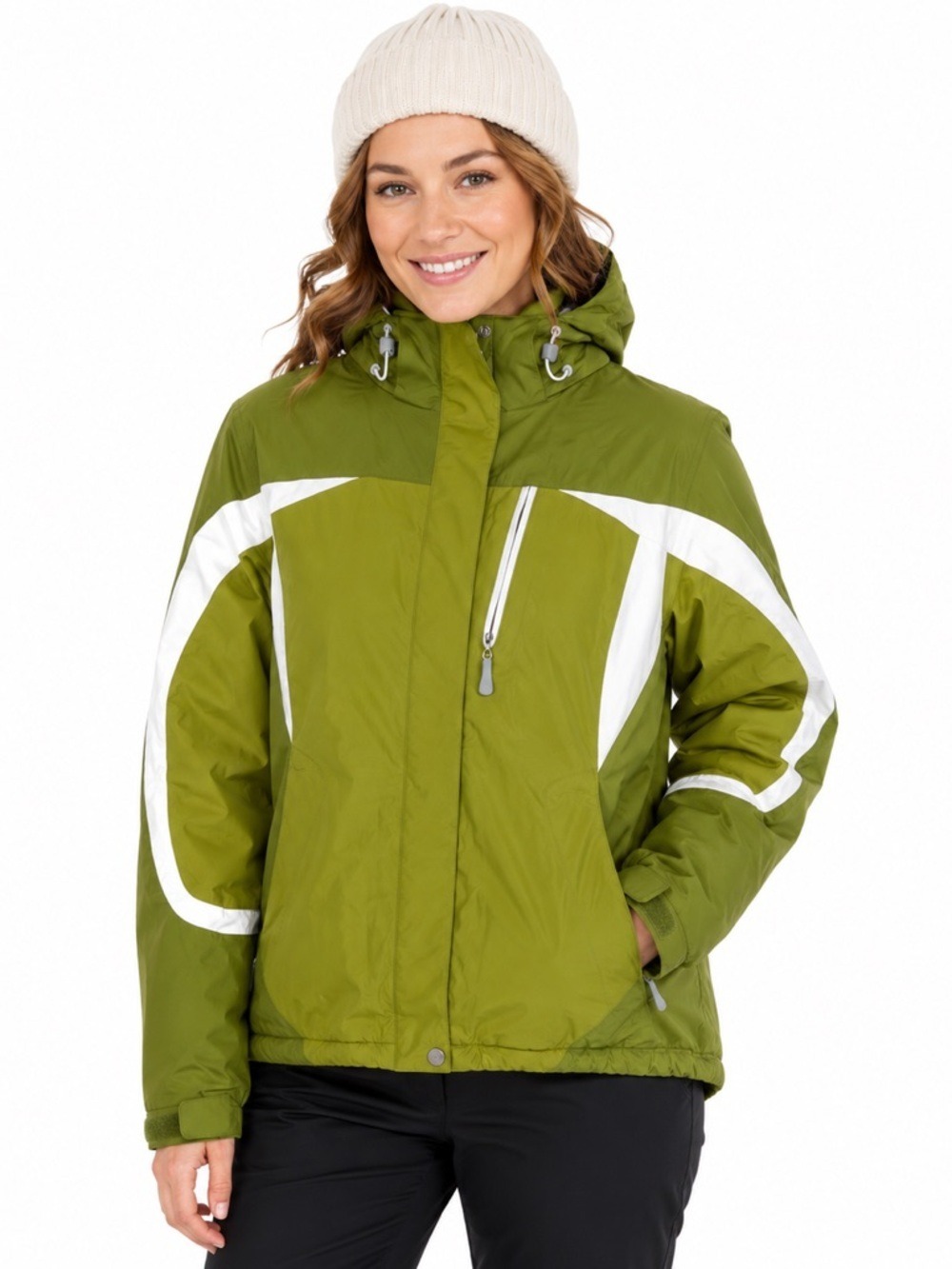 LL Bean Winter Jacket Green White Nylon M Removable Hood Outdoorcore Snowcore